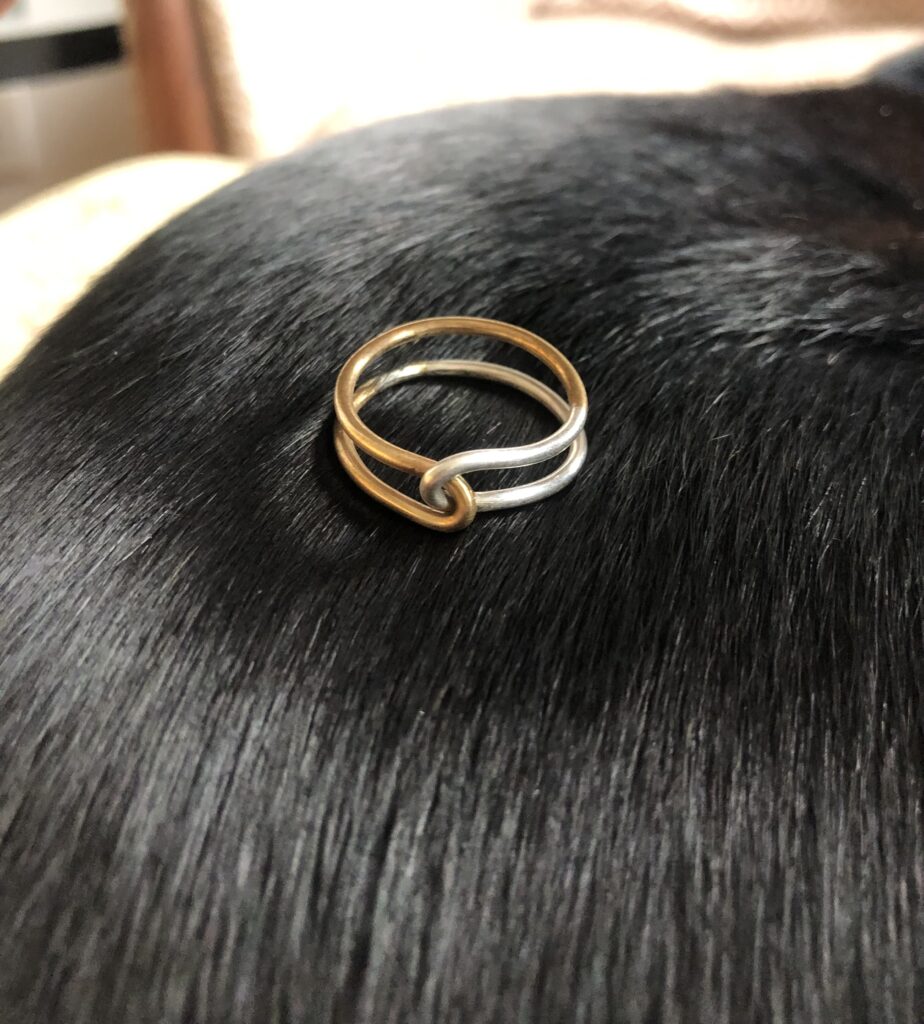 a brass and silver ring sitting on black fur